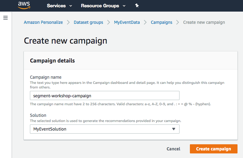 A screenshot of the Create new campaign page, with a campaign name entered and a solution selected (the solution created above).