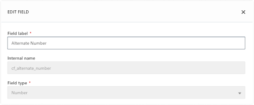 A screenshot of the Freshsales edit field popup, with a custom field, Alternate Number.