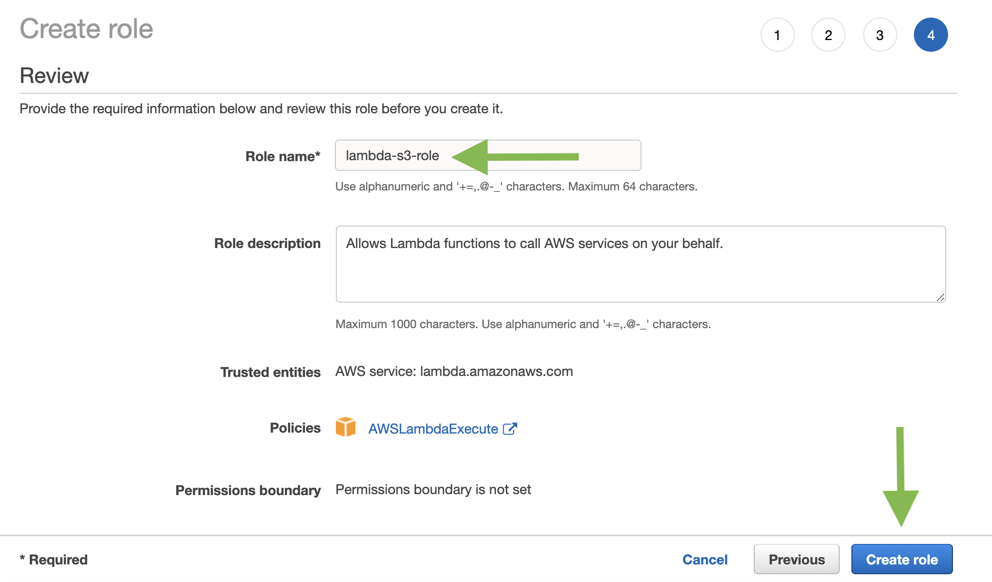 Set the role name to lambda-s3-role