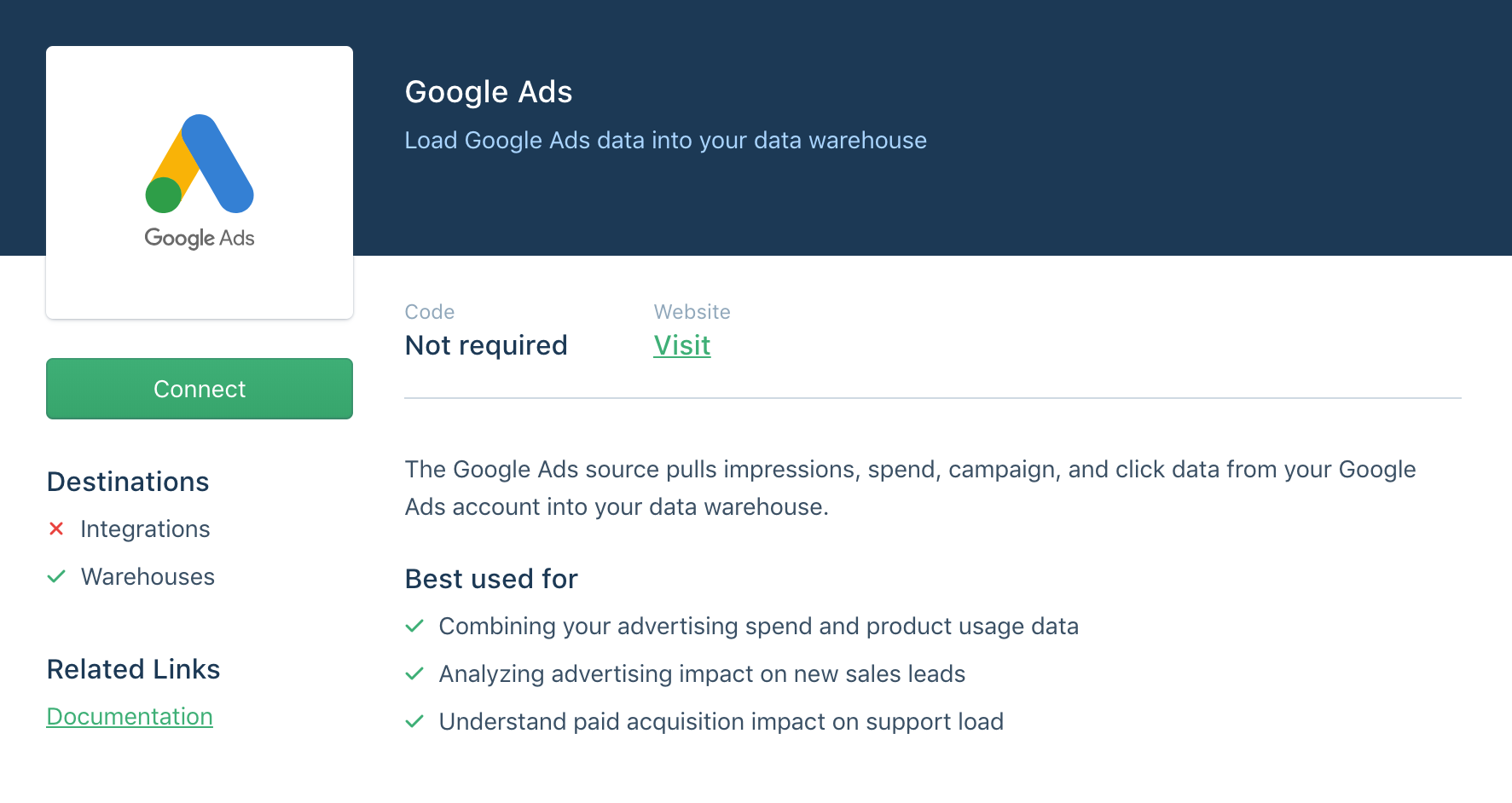 Screenshot of the Google Ads source in the Segment app.